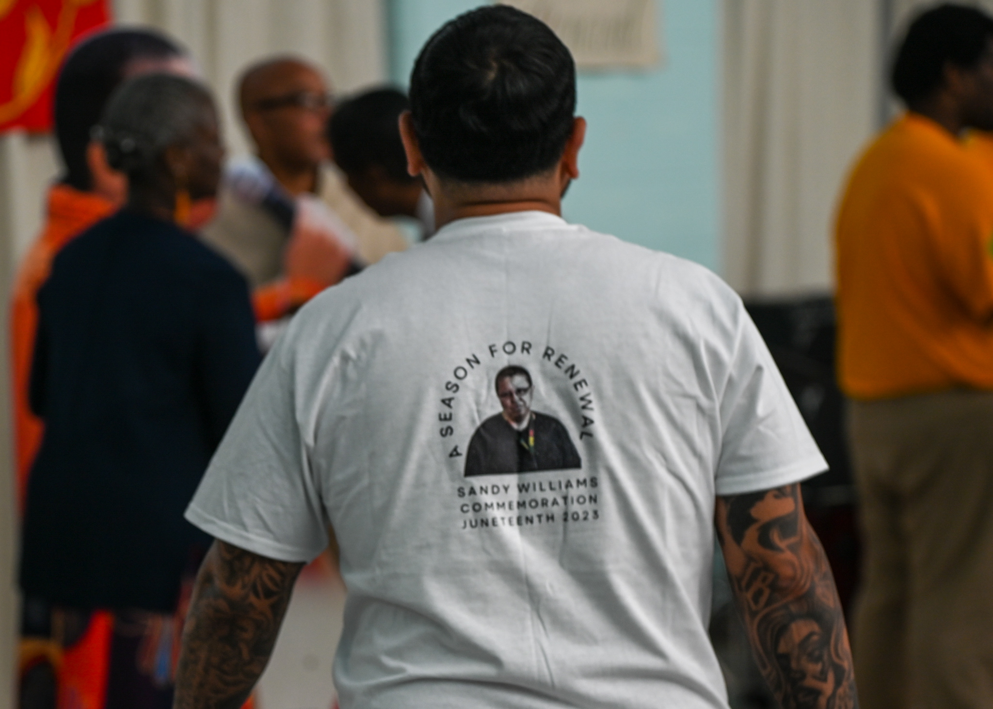 T-shirt in memory of Sandy Williams worn by an incarcerated individual that was donated by Freedom Project East for the Juneteenth Celebration. T-shirt reads “A Season for Renewal. Sandy Williams Commemoration. Juneteenth 2023.”
