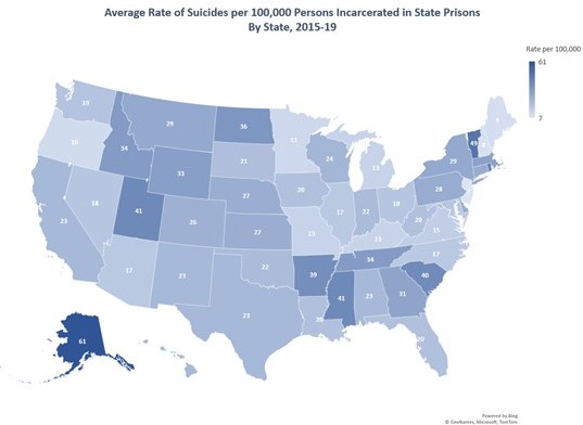 Map of National Rate of Suicides per 100,000 Persons Incarcerated in State Prisons from 2015-2019