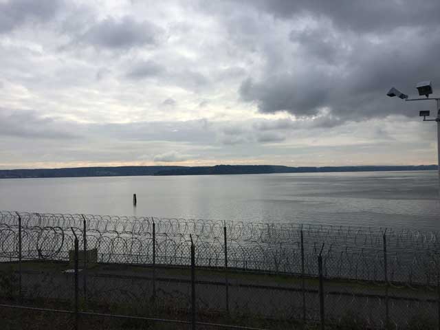 view of the water and barbed wire from the superintendent's office.