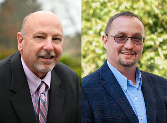 Headshot photos of Mike Obenland (left) and Don Holbrook (right)