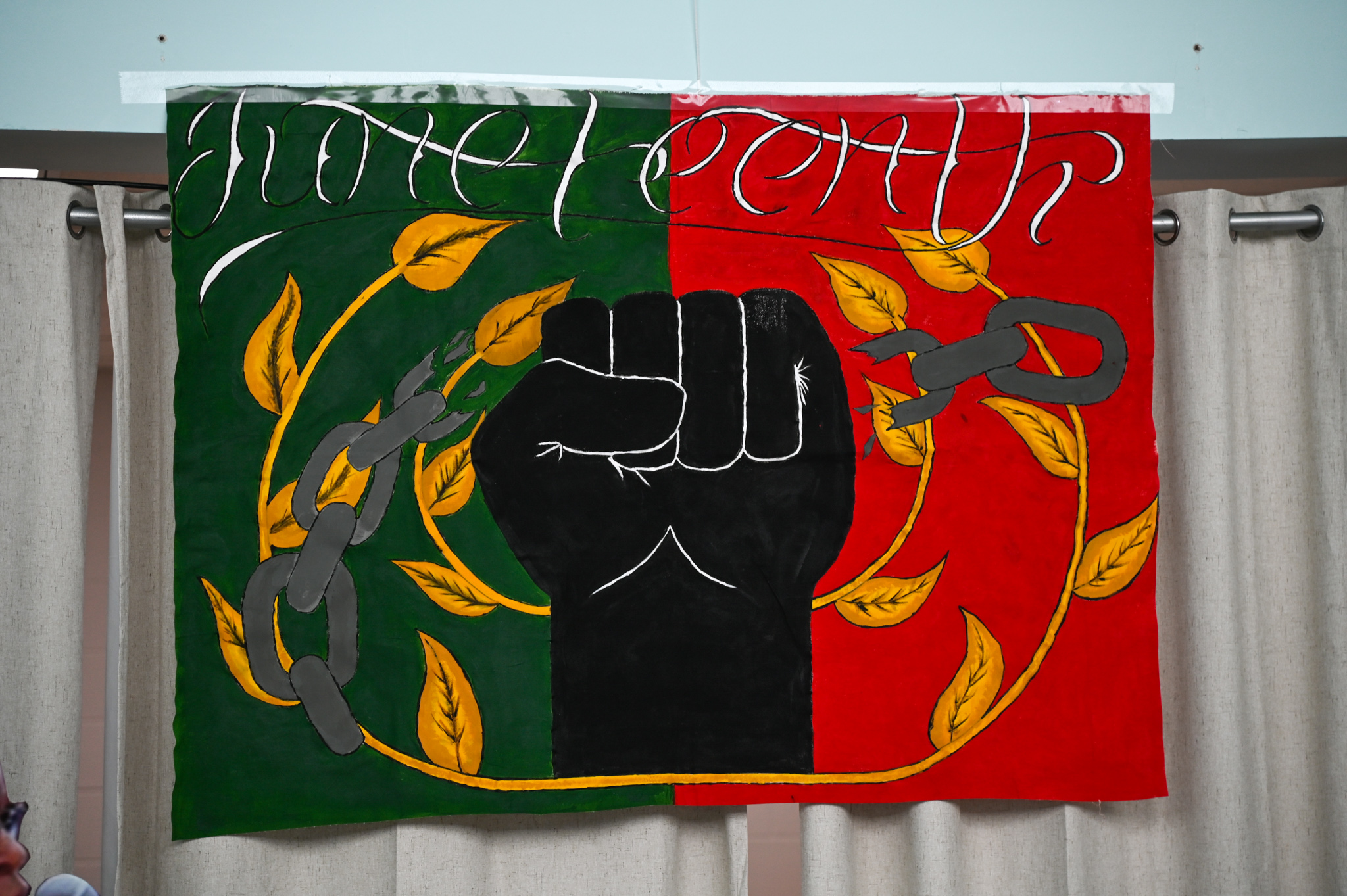 Juneteenth Artwork of a raised fist breaking a chain on display at Airway Heights Corrections Center