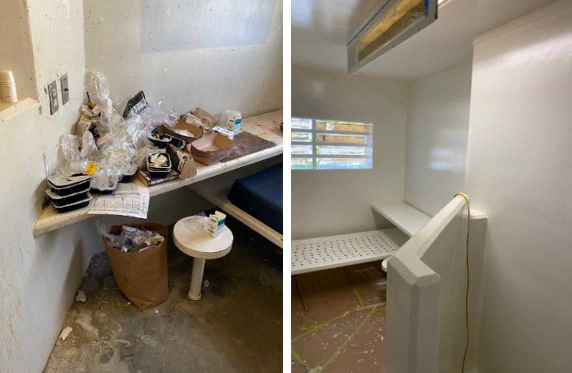 pictures of a prison cell before and after clean up.