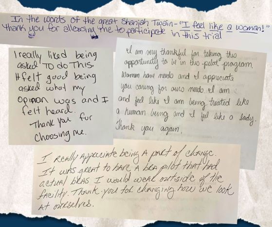 Quotes: Handwritten statements from participants of the bra pilot program.