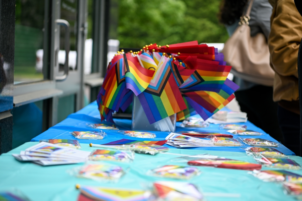 Small commemorative flags on a table with cookies and pamphlets nearby